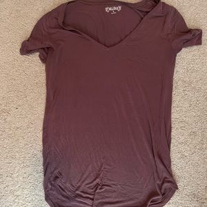 A burgundy t-shirt